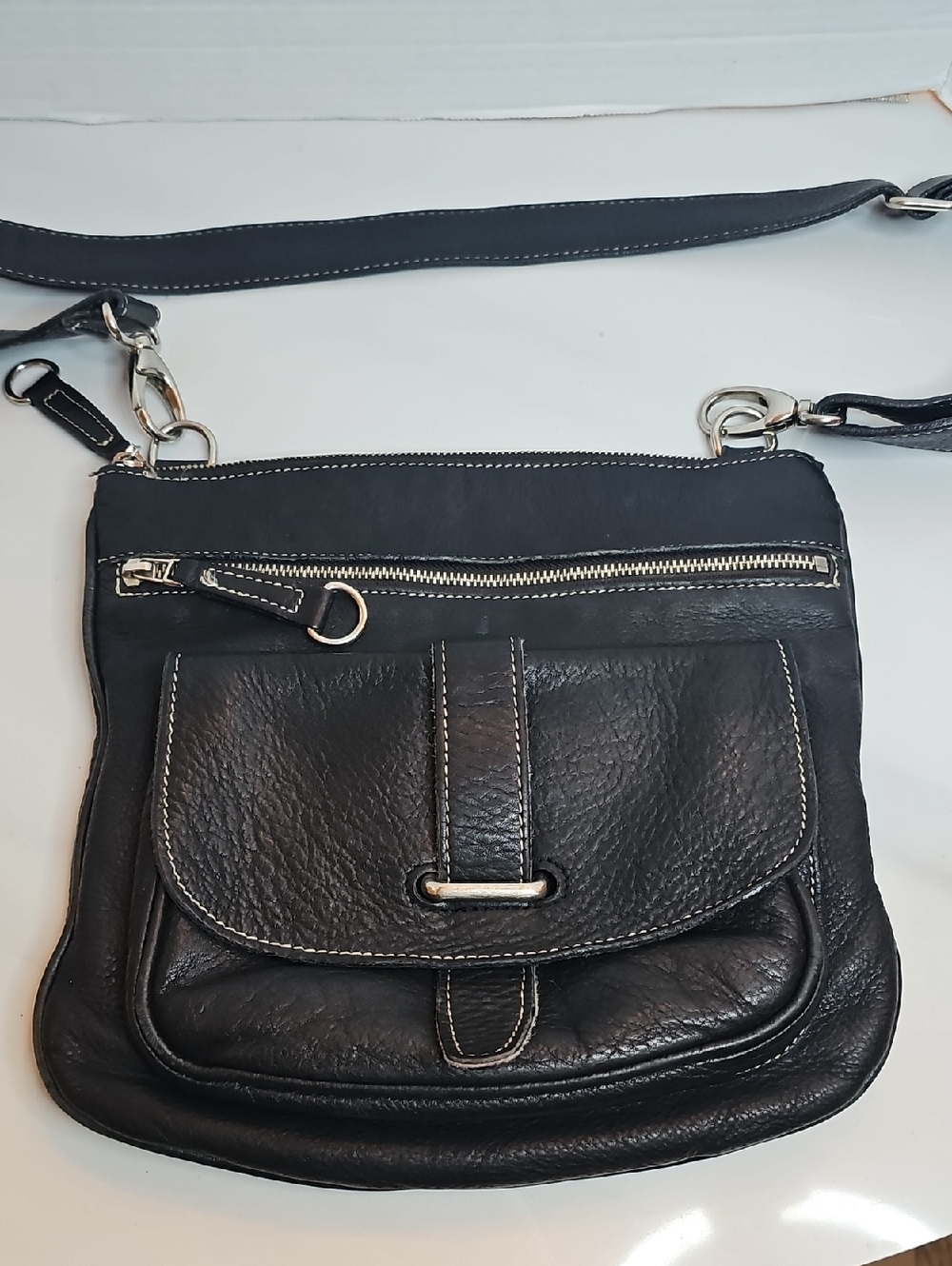 Roots Black Leather Crossbody Bag with Silver Hardware